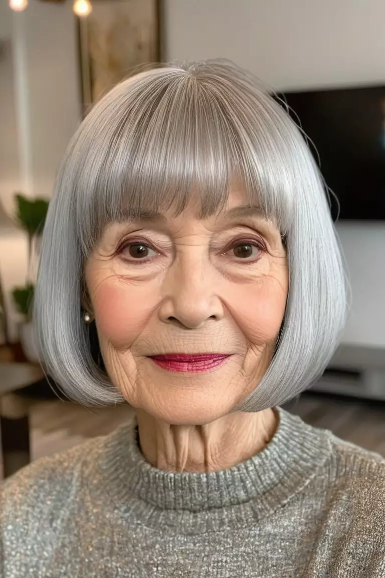 A photo of a 79-year-old Kimberly, chin-length silver bob with bangs, front view, living room background