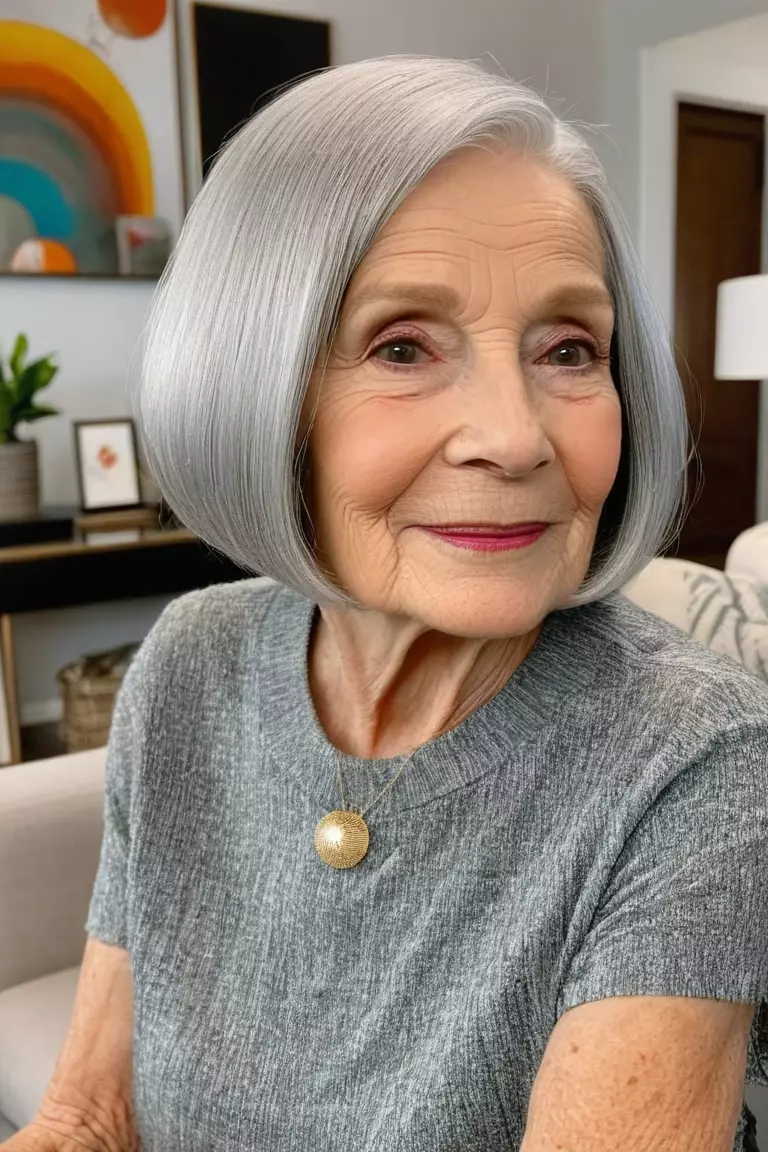 A photo of a 78-year-old Susan, blunt silver bob, front view, living room background