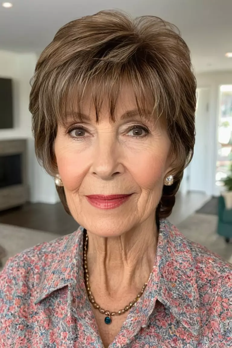 A photo of a 77-year-old Lisa, Tapered Layers With Bangs, Front view, living room background