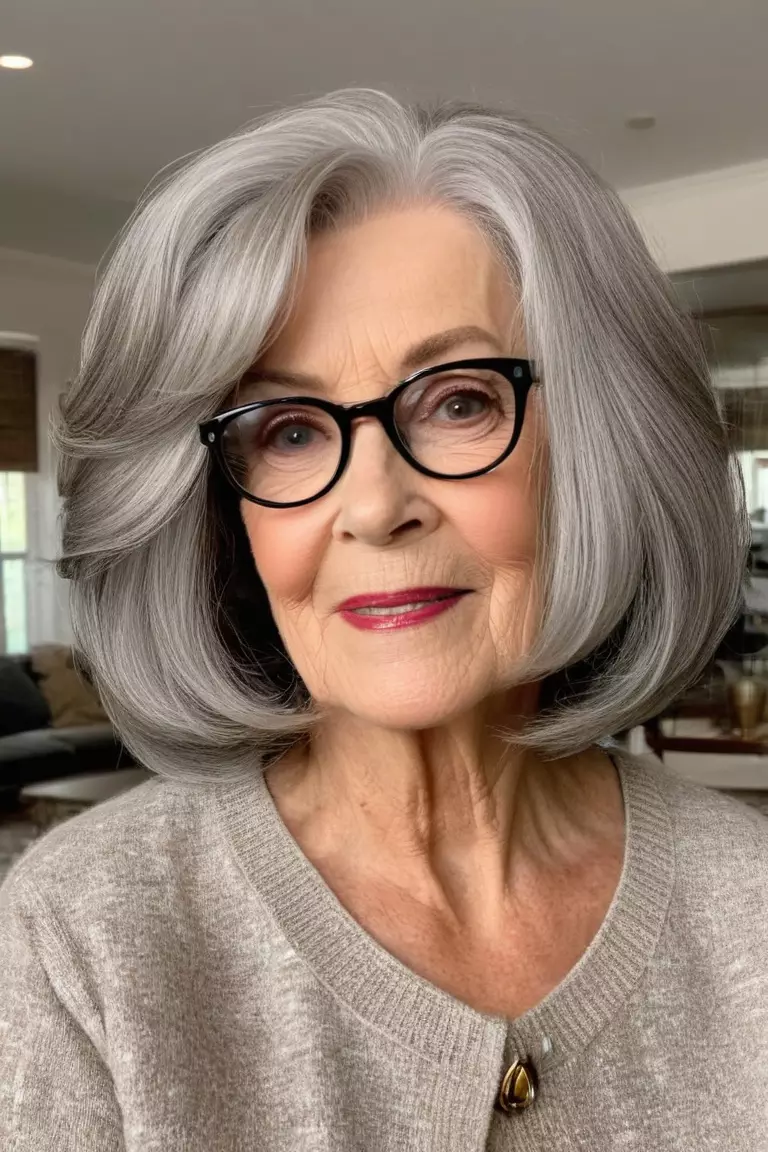 A photo of a 70-year-old Dorothy with glasses, Voluminous Long Bob, Front view, living room background