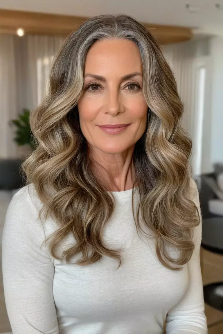 A photo of a 45-year-old Sandra, with long waves and a center part, Front view, living room background