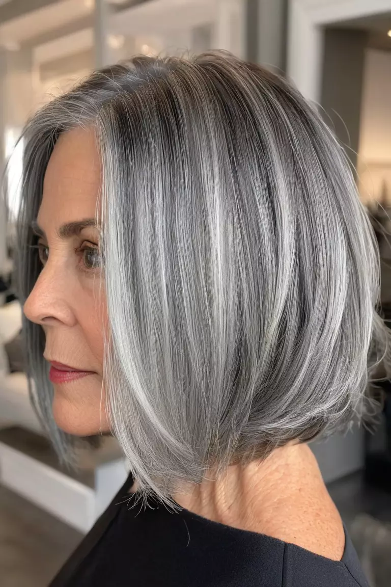 A photo of a 54-year-old Lily, with a gray balayage lob with textured layers, Front view, living room background