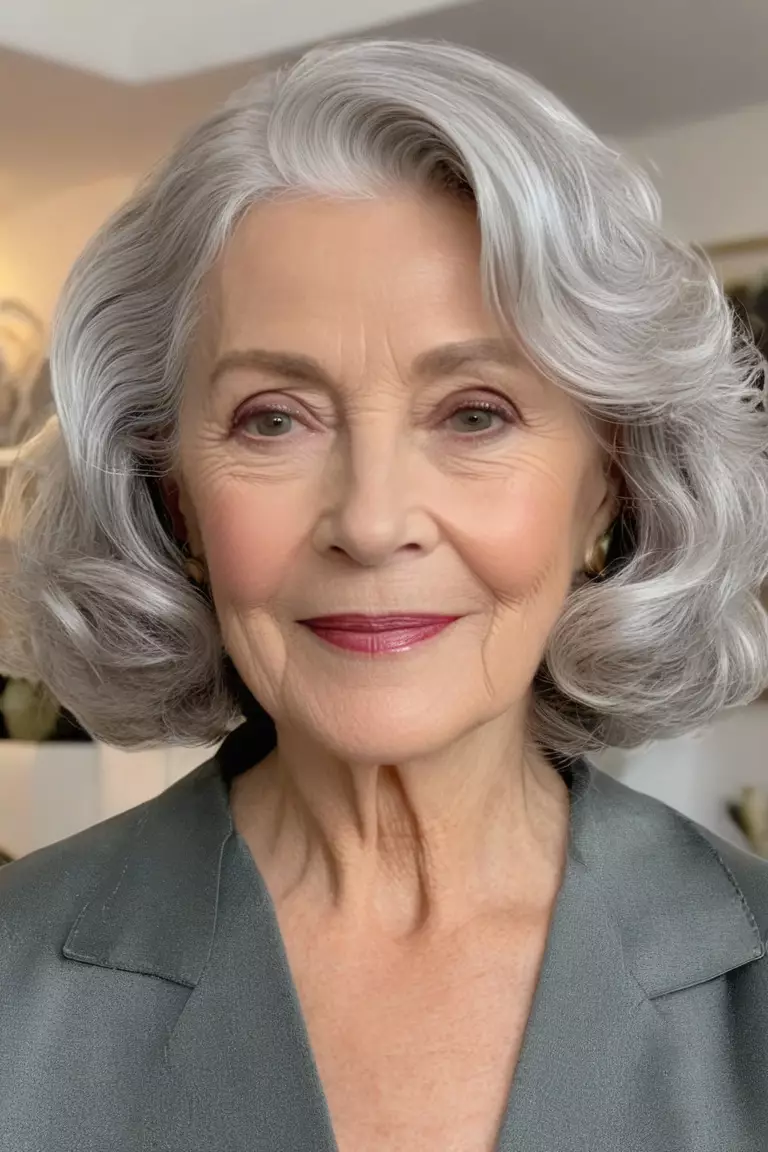 A photo of a 67-year-old Joyce, with a silver wavy lob hairstyle, Front view, living room background