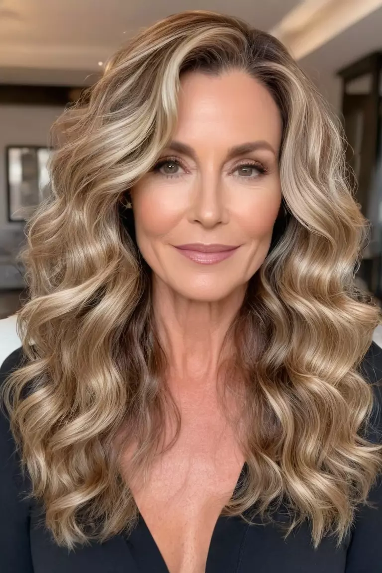 A photo of a 47-year-old Jessica, with long hair styled in soft glam waves, Front view, living room background
