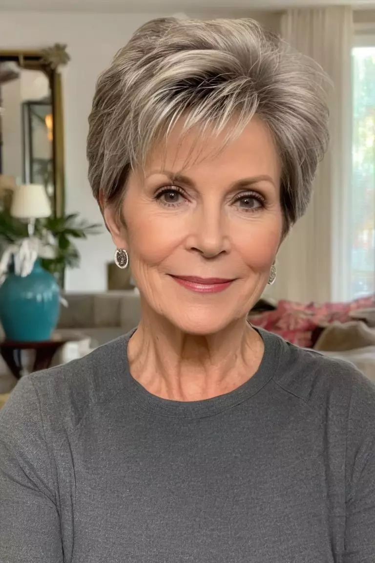 Voluminous Pixie A photo of a 63-year-old Linda, fine hair, Voluminous Pixie, Front view, living room background