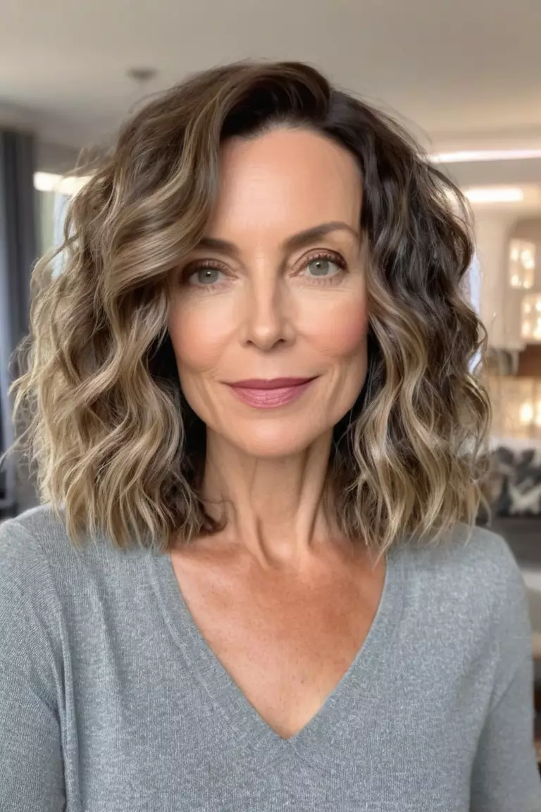 A photo of a 45-year-old Ella, Wavy Lob, thin hair, Front view, living room background