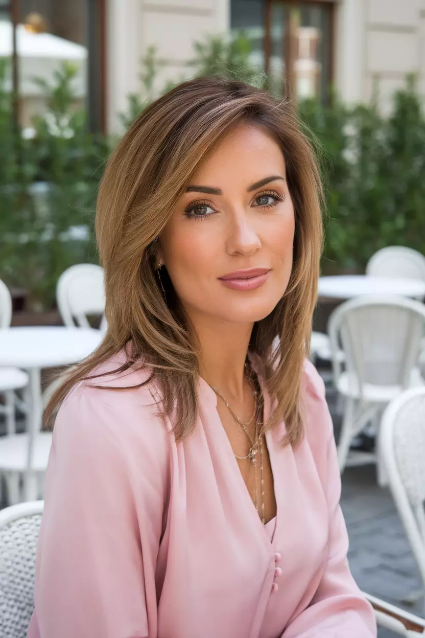 A beautiful woman with medium hair and face-framing layers, front view, outdoor cafe background