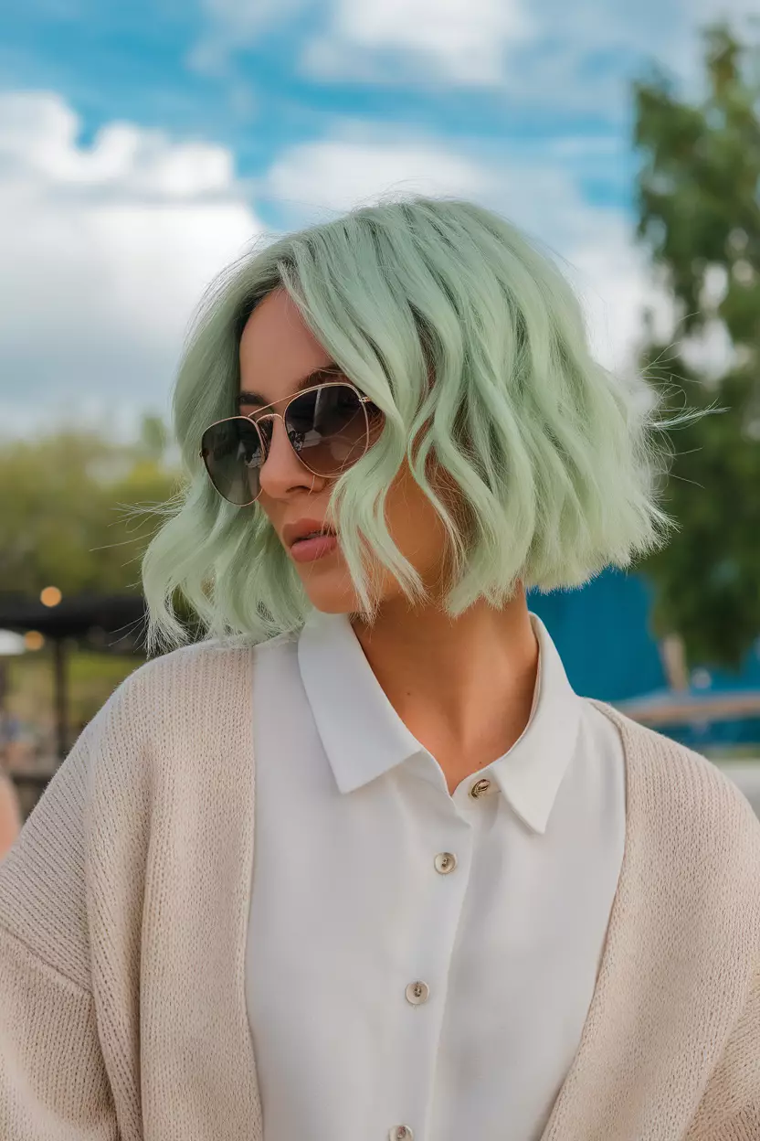 Pistachio Green A beautiful woman with a pistachio green short wavy bob, Front view, summer background