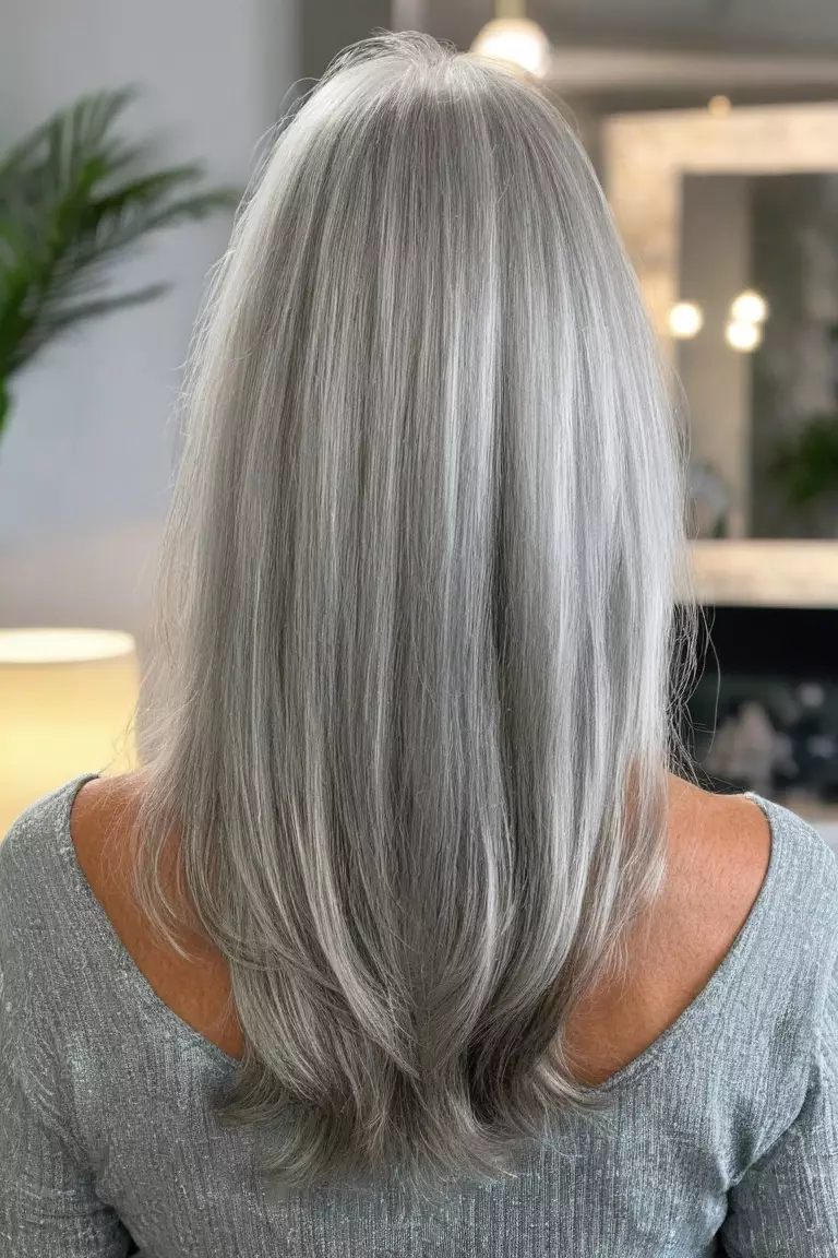A photo of a 62-year-old Mary, with a long silver shag hairstyle, Back view, living room background