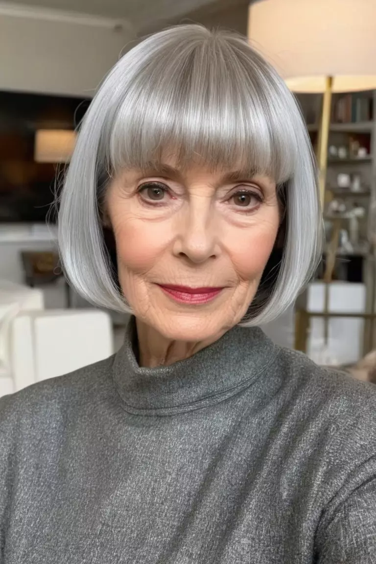 A photo of a 68-year-old Jean, tapered rounded silver bob with bangs, front view, living room background