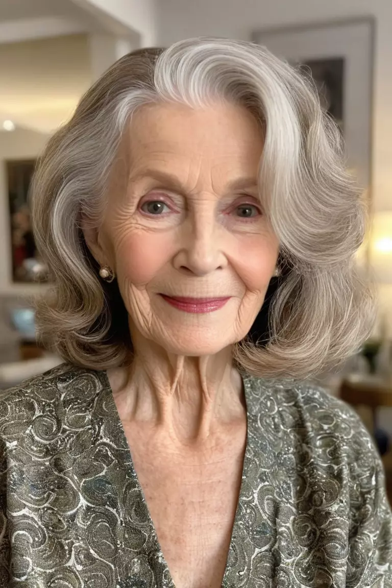 Wavy Long Bob A photo of a 77-year-old Deborah, wavy long bob hairstyle, front view, living room background.