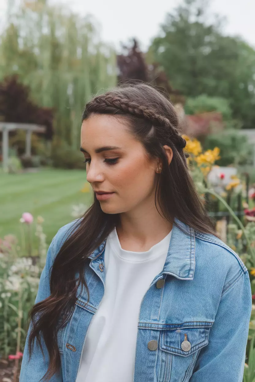 A beautiful woman with a French Braid Crown, front view, garden background