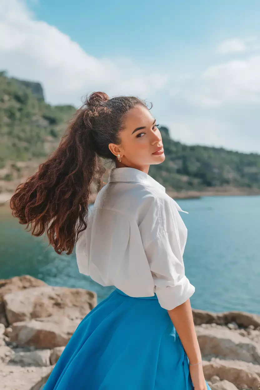 A beautiful woman with a bubble ponytail, back view, summer background