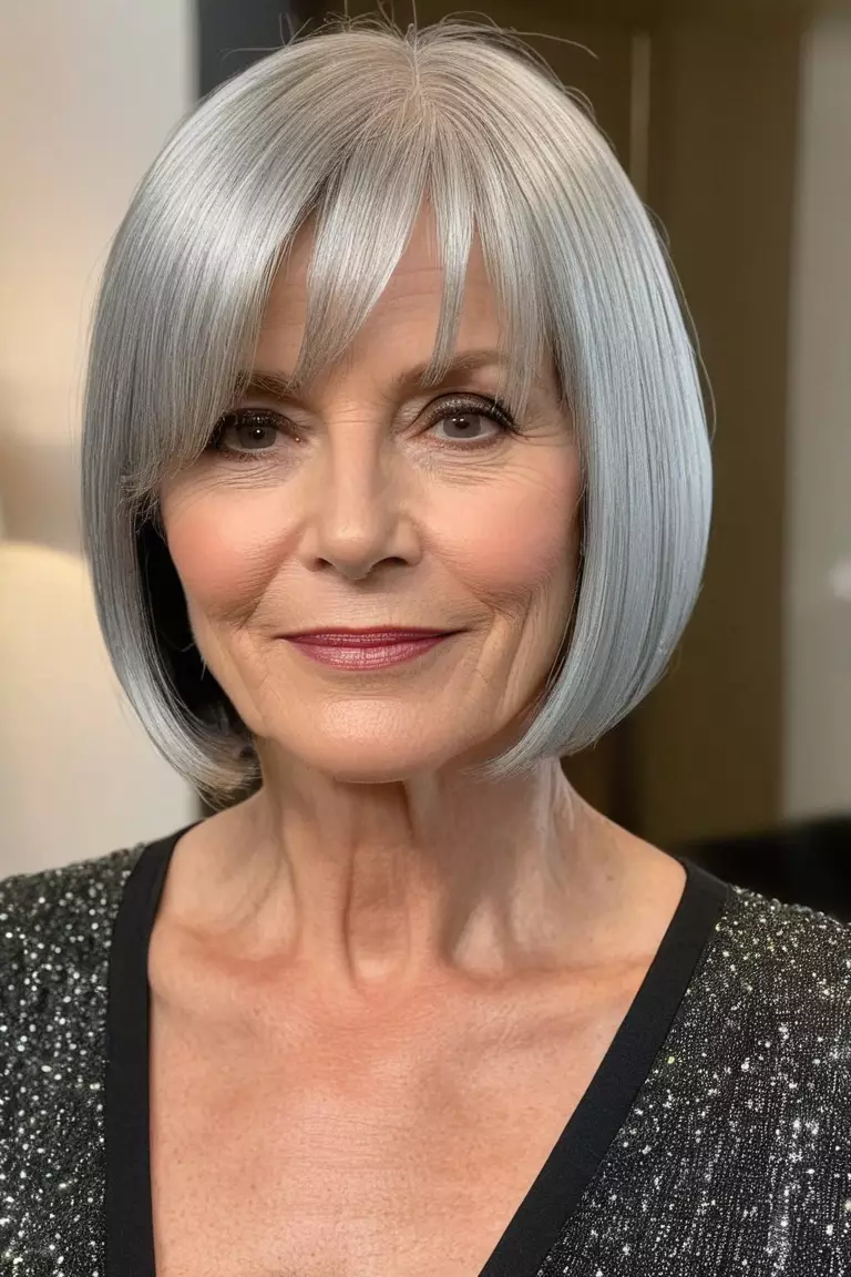 A photo of a 58-year-old Emma, with a sleek silver bob, Front view, living room background