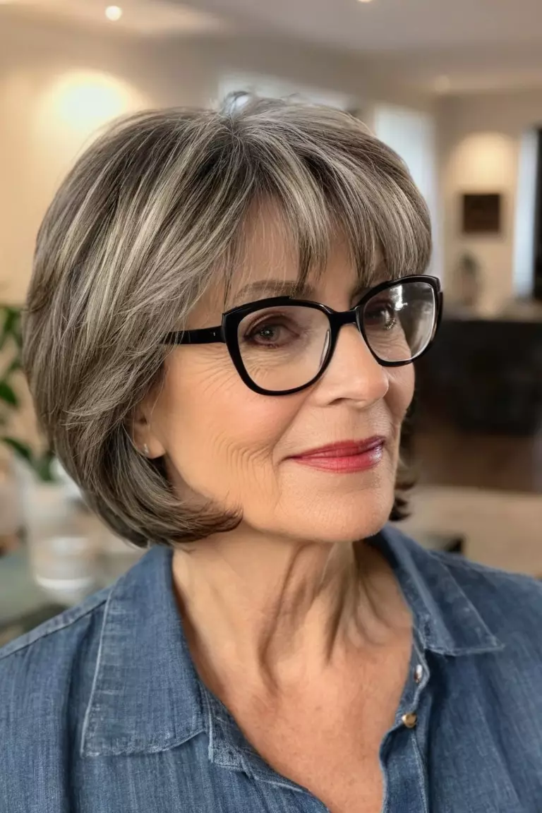 Layered Bob with Side-Swept Bangs A photo of a 57-year-old Judith with glasses, Layered Bob with Side-Swept Bangs, Side view, living room background