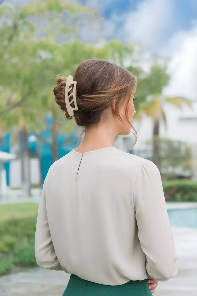 A beautiful woman with her hair up in a claw clip style, back view, summer background