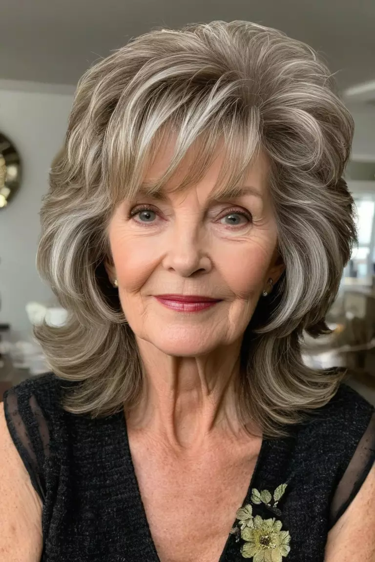 A photo of a 65-year-old Kathleen, showing off a voluminous layered shag style, Front view, living room background