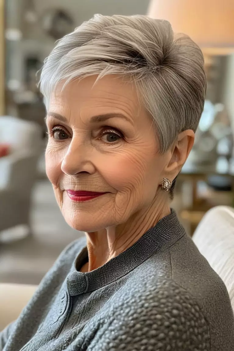 Tapered Pixie A photo of a 76-year-old Margaret, tapered pixie hairstyle, side view, living room background.