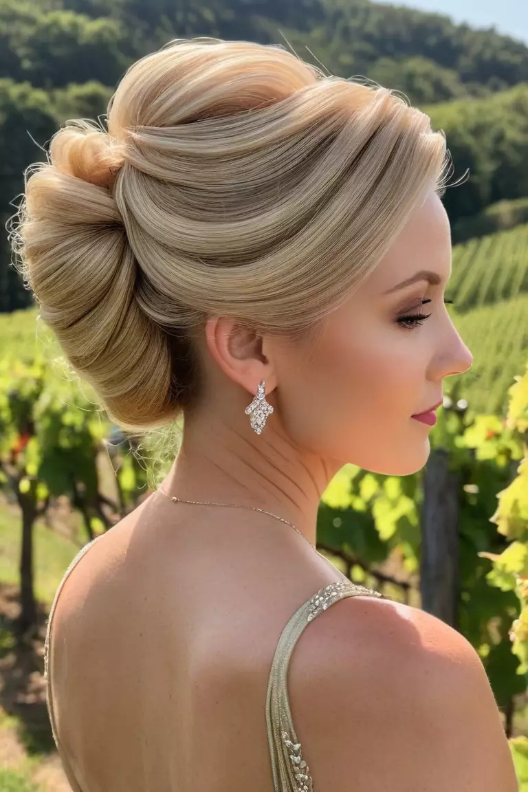 Champagne Blonde A photo of a 30-year-old Evelyn, Champagne Blonde elegant updo, Side view, summer vineyard background