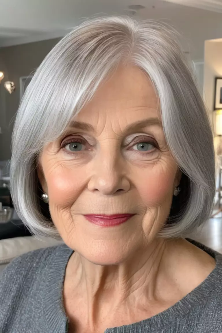 A photo of a 66-year-old Donna, face-framing silver lob, front view, living room background