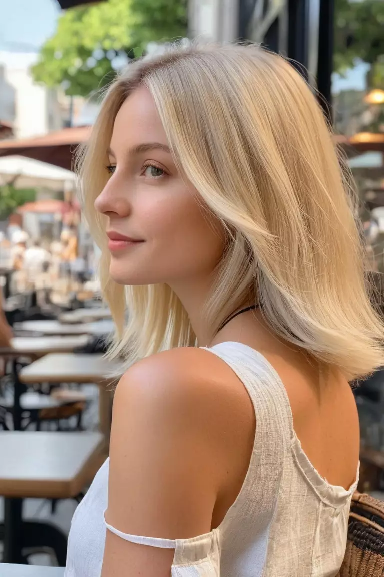 Creamy Blonde A photo of a 28-year-old Mia, Creamy Blonde shoulder-length hair, Side view, summer cafe background