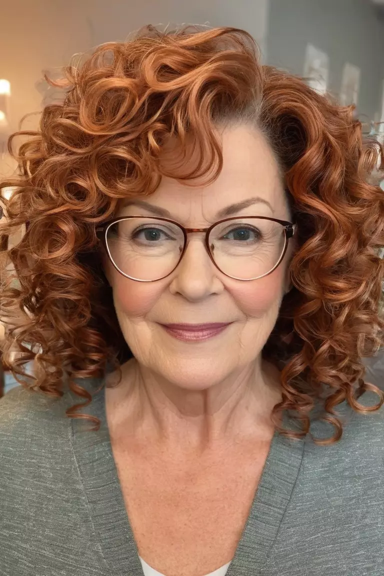 Copper Curls A photo of a 59-year-old Kimberly with glasses, Copper Curls, Front view, living room background