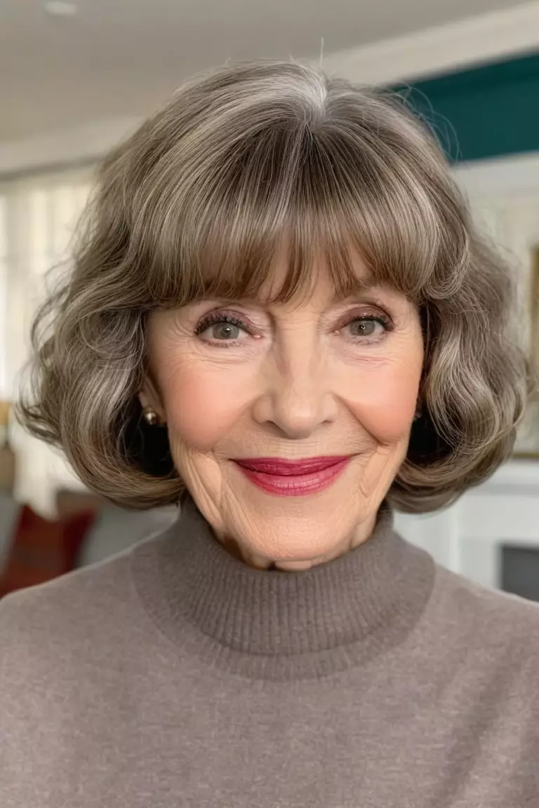 A photo of a 70-year-old Stephanie, Wavy Bob With Full Bangs, Front view, living room background