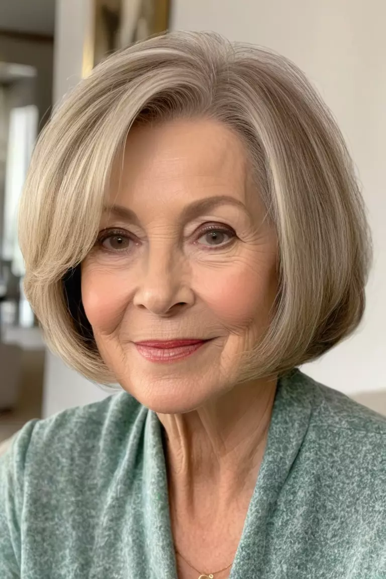 Soft Layered Bob A photo of a 72-year-old Laura, soft layered bob hairstyle, front view, living room background.