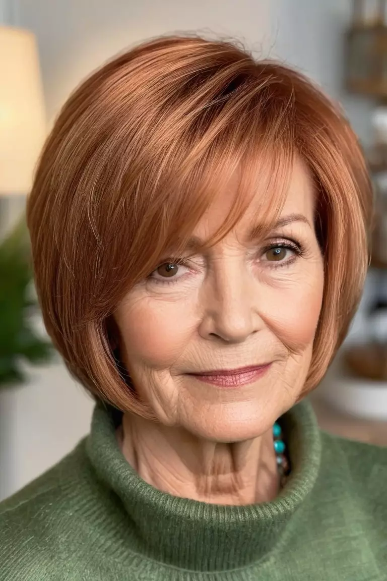 Layered Copper Bob A photo of a 67-year-old Janet, fine hair, Layered Copper Bob, Front view, living room background