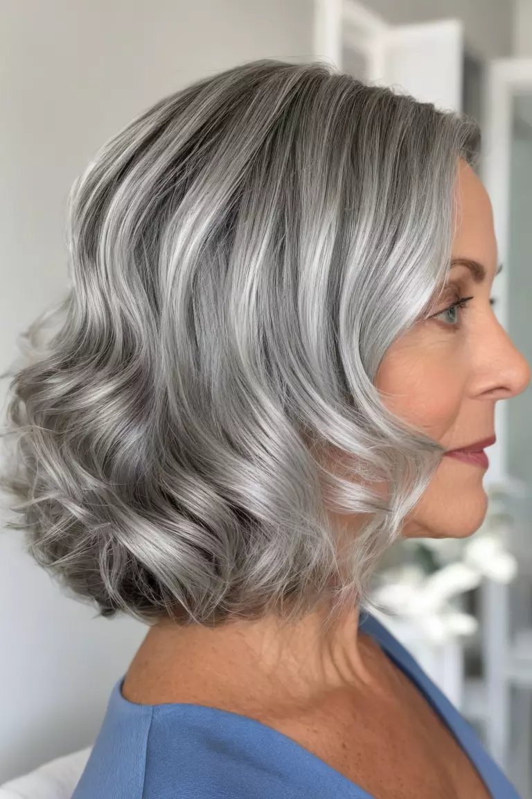 A photo of a 50-year-old Penelope, with soft silver layered waves, Front view, living room background