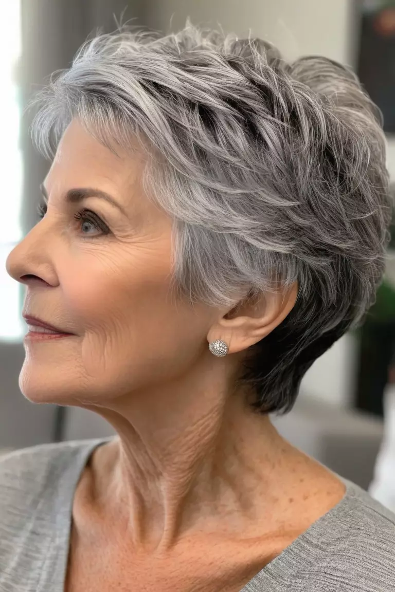 A photo of a 66-year-old Helen, with a textured gray pixie hairstyle, Side view, living room background