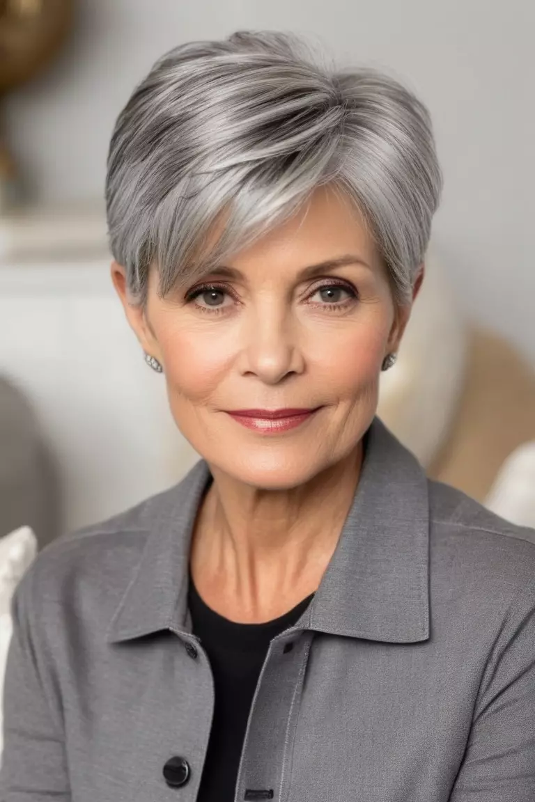 Gray Pixie with Side-Swept Bangs A photo of a 60-year-old Martha, fine hair, Gray Pixie with Side-Swept Bangs, Side view, living room background