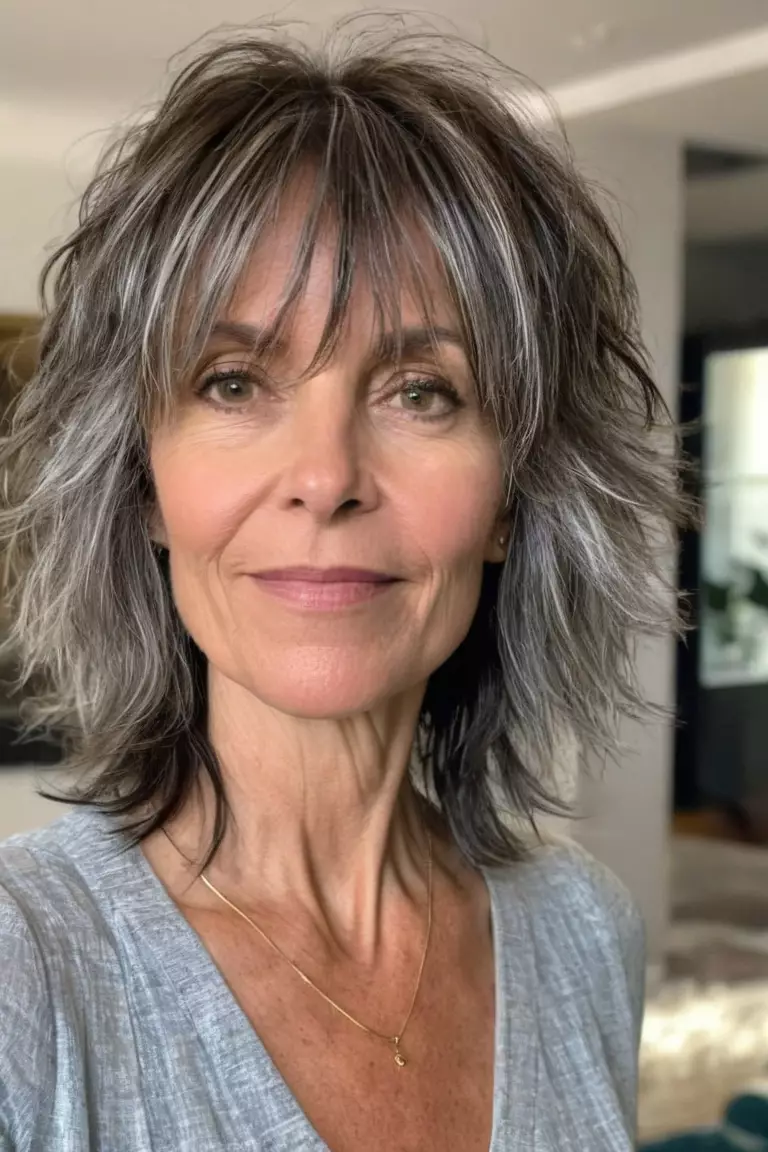 A photo of a 49-year-old Victoria, Choppy Mid-Length Shag, thin hair, Front view, living room background