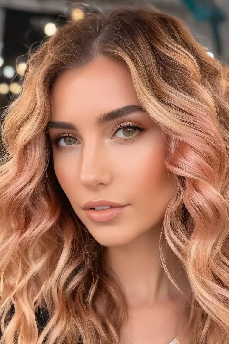 Rose Gold Blonde A photo of a 27-year-old Penelope, Rose Gold Blonde beach waves, Front view, summer festival background