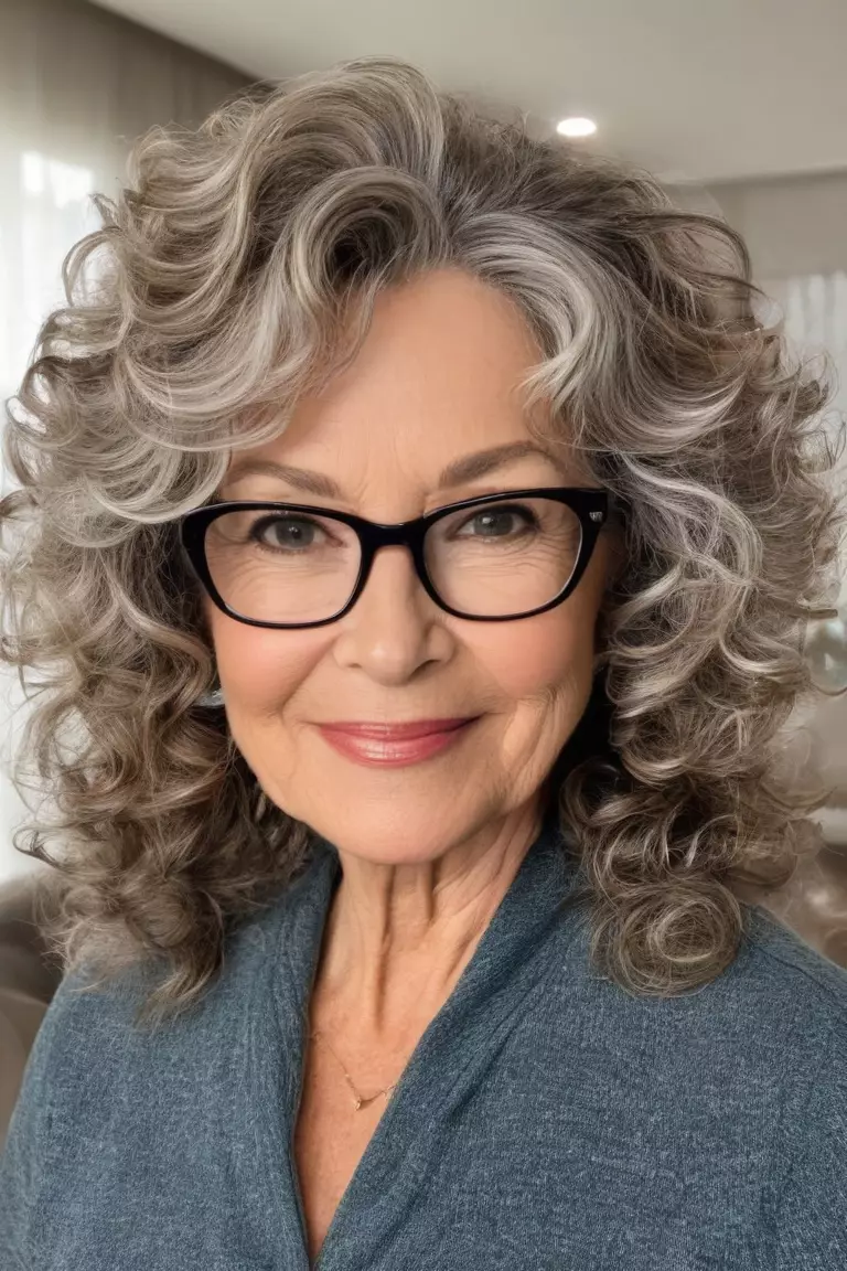 A photo of a 59-year-old Angela with glasses, Layered Curls, Front view, living room background