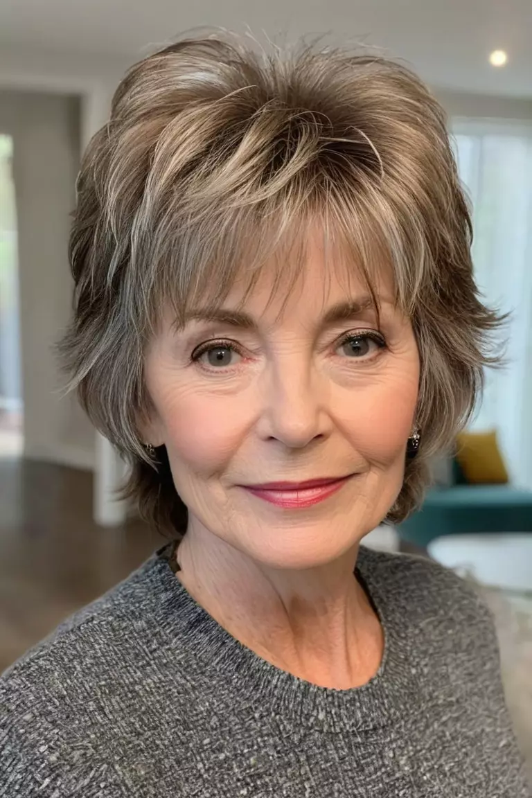 A photo of a 60-year-old Karen, featuring a light and wispy shag haircut, Front view, living room background