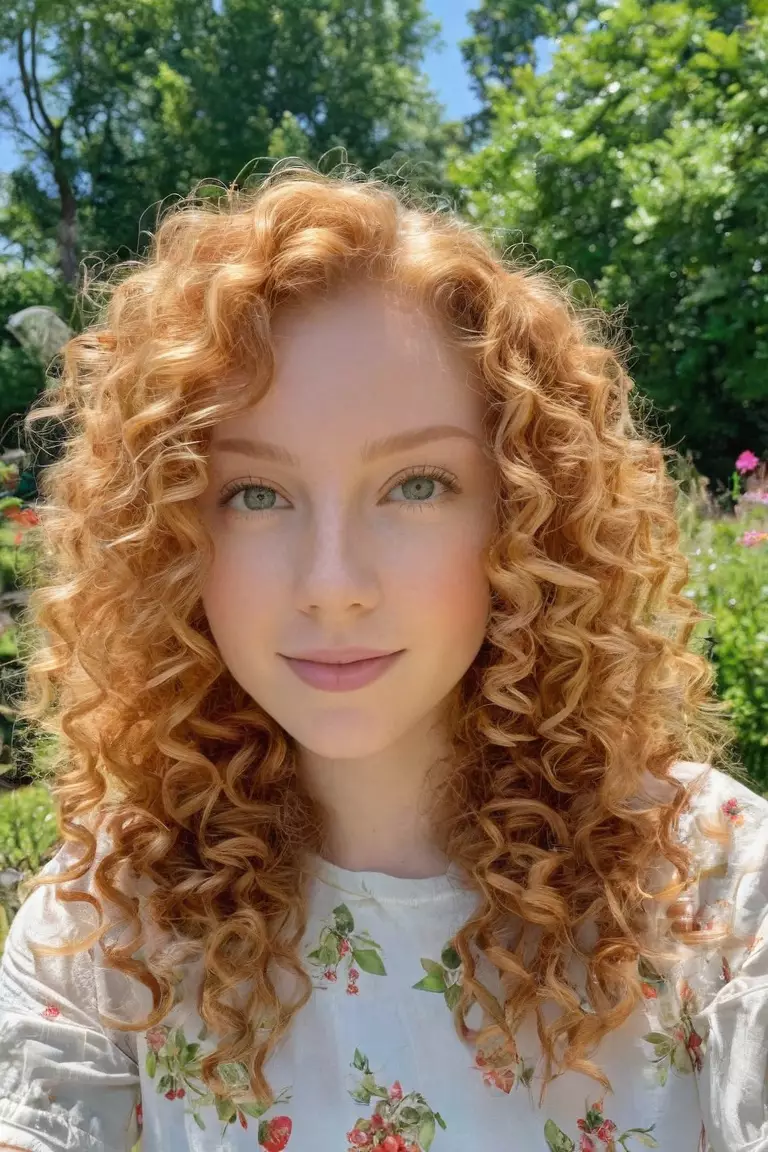 Strawberry Blonde A photo of a 27-year-old Ava, Strawberry Blonde curly hair, Front view, summer garden background