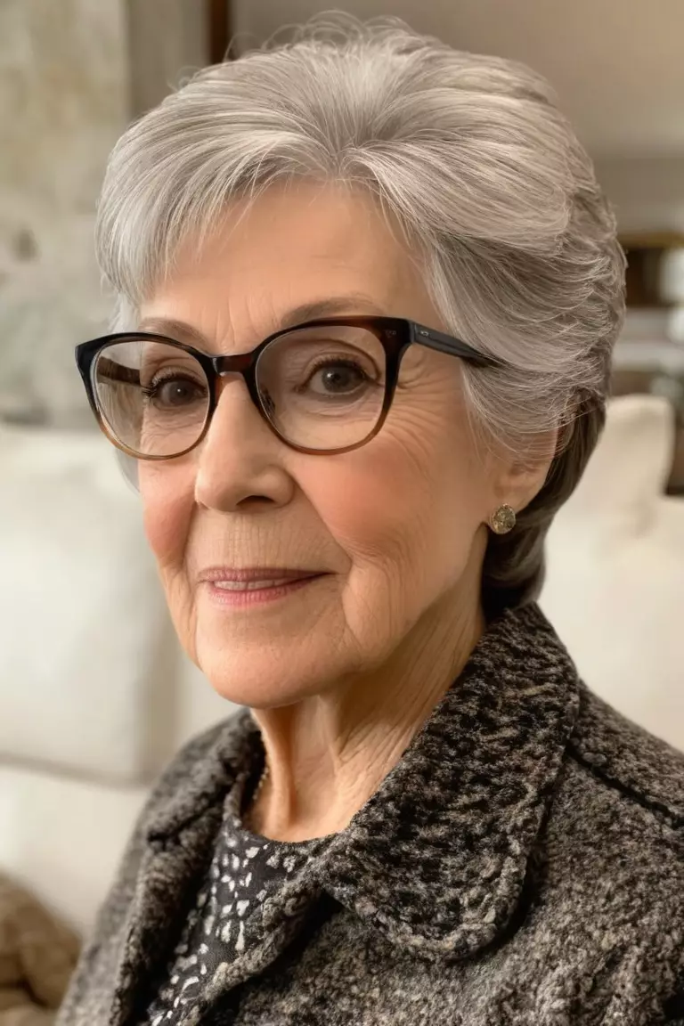 A photo of a 72-year-old Kimberly with glasses, Textured Tapered Layers, Side view, living room background