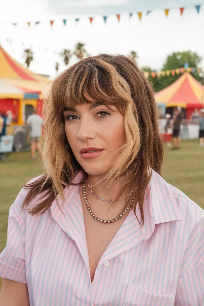 Chunky Blonde Streaks A beautiful woman with brown hair featuring bold, chunky blonde streaks reminiscent of the 90s, Front view, retro summer festival background