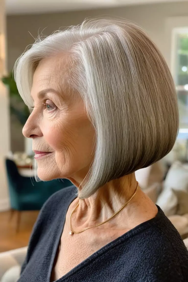 A photo of a 78-year-old Linda, Angled Bob, Side view, living room background