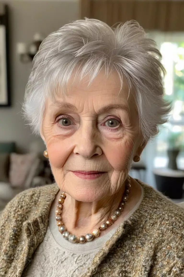 A photo of a 79-year-old Karen, Pixie With Textured Layers, Front view, living room background