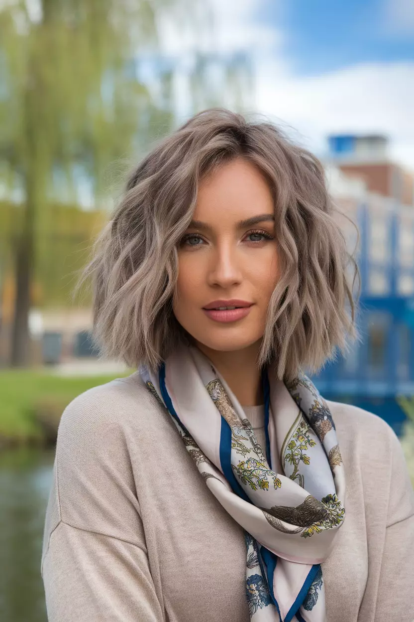 Ash Blonde A beautiful woman with a shoulder-length wavy ash blonde hairstyle, Front view, summer background