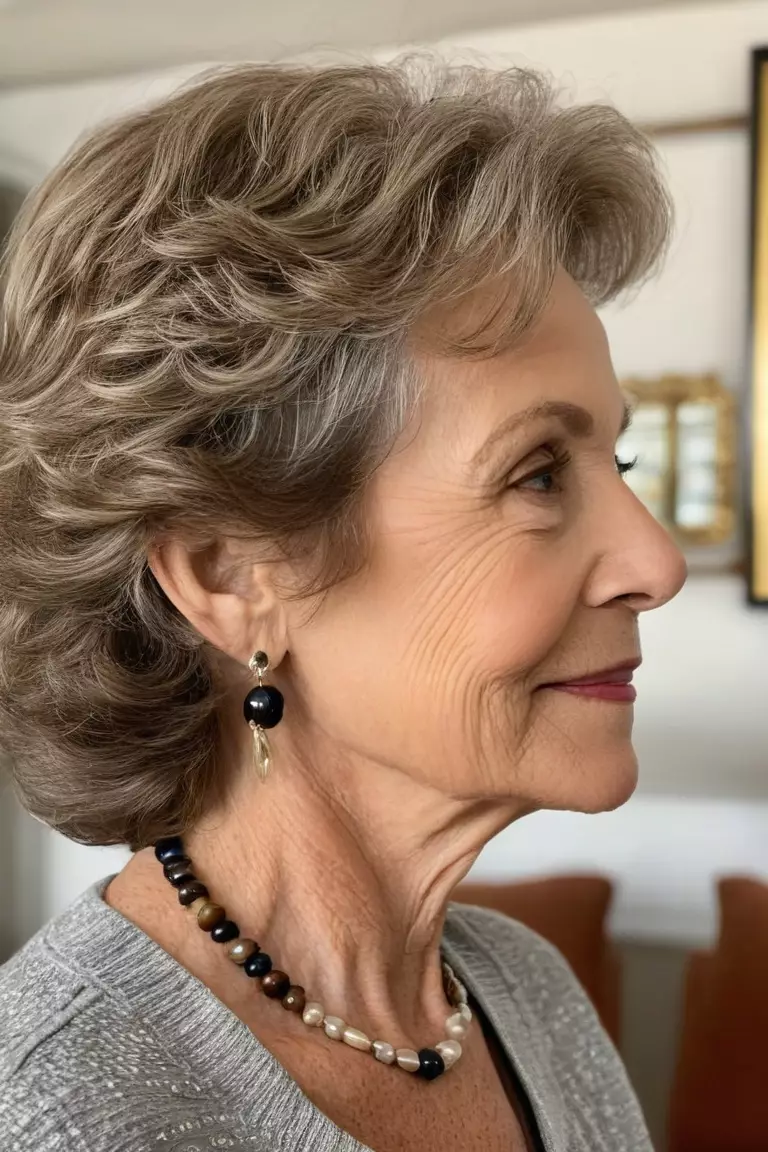 A photo of a 73-year-old Melissa, Short Wavy Layers, Side view, living room background