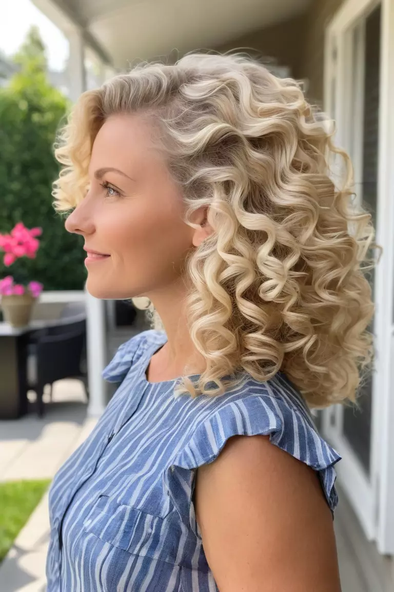 Vanilla Blonde A photo of a 30-year-old Nora, Vanilla Blonde soft curls, Side view, summer patio background