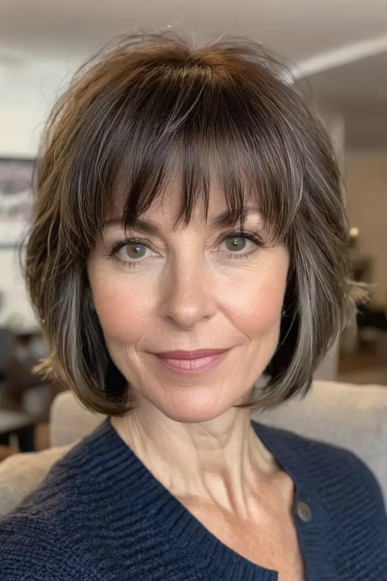 A photo of a 46-year-old Charlotte, Textured Short Layers with Bangs, thin hair, Front view, living room background