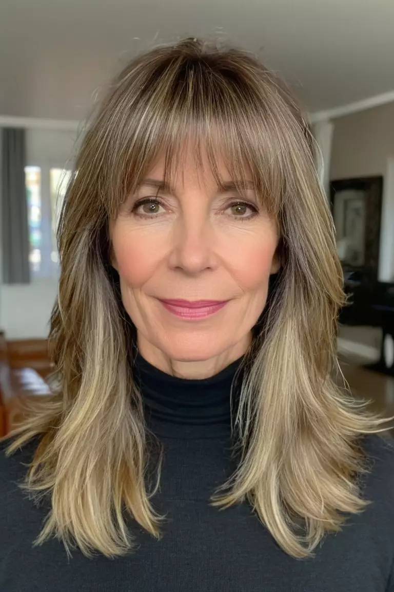 A photo of a 51-year-old Susan, Piecey Long Layers with Curtain Bangs, fine hair, Front view, living room background