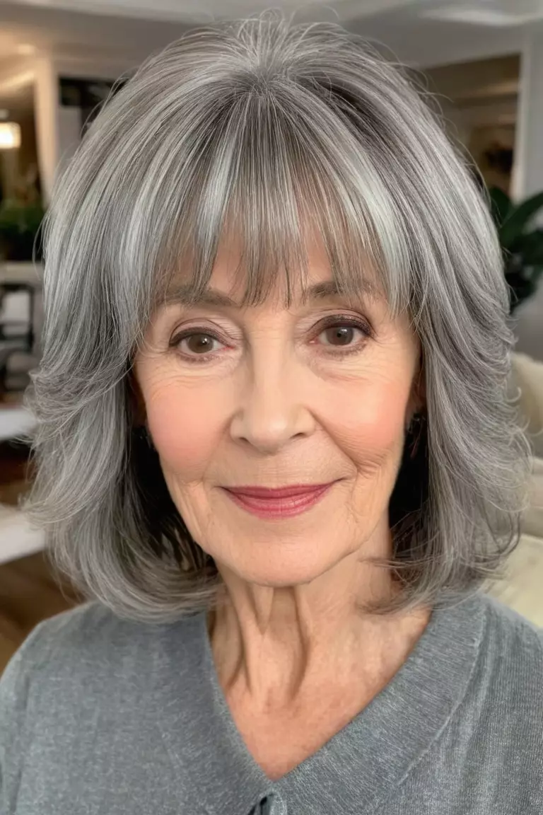 A photo of a 68-year-old Janice, with mid-length gray layers with bangs hairstyle, Front view, living room background