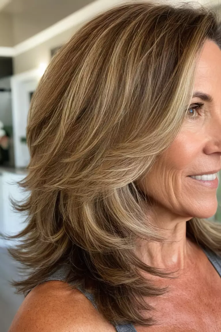 A photo of a 43-year-old Donna, featuring long textured sunkissed layers, Side view, living room background