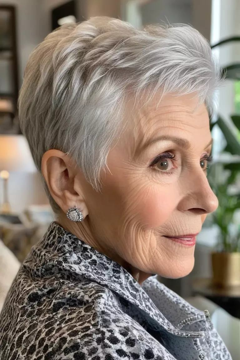 A photo of a 74-year-old Betty, tapered silver pixie, side view, living room background