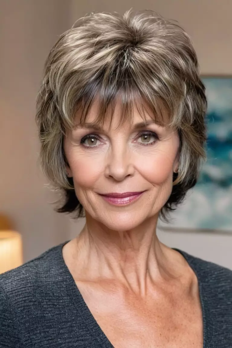 A photo of a 61-year-old Pamela, with a pixie shag haircut featuring piecey bangs, Front view, living room background